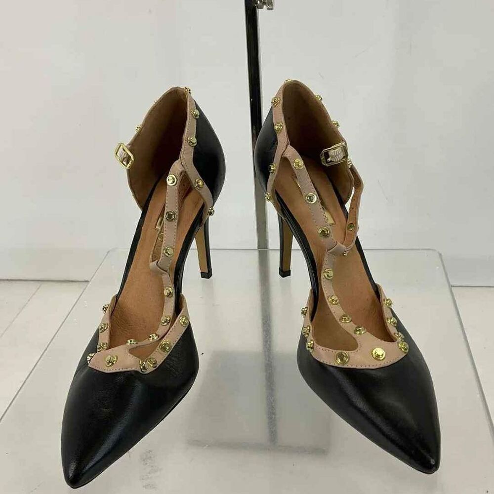 NEW Halogen Designer Black & Pink Studded Pointed-Toe T-Strap Heels Pump Size 9